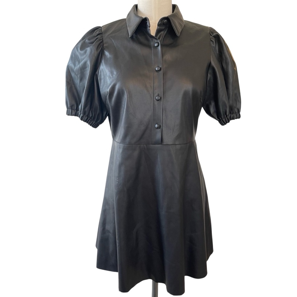 ❤️ NWT! Zara Black Faux Leather Mini Shirt Dress with Puff Sleeves - Picture 2 of 9